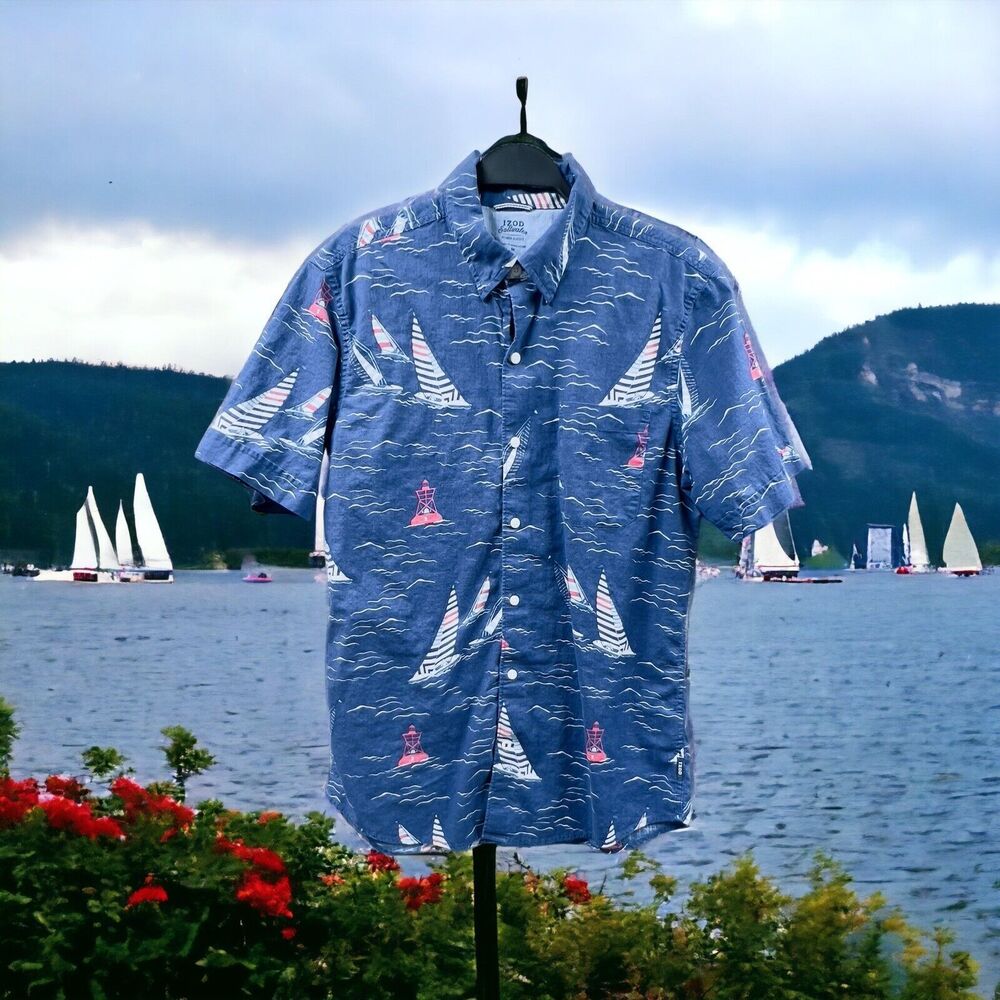 VTG IZOD Saltwater Shirt Mens Medium Blue Relaxed Classics Sailboat Lighthouse